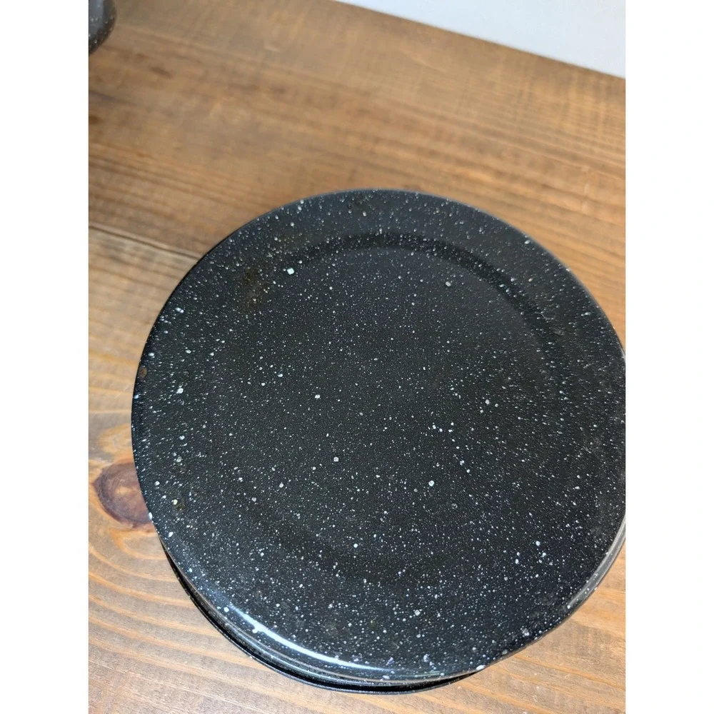Vintage Black Speckled Enamelware Round Roasting Pan with Lid Steamer Insert 10